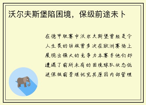 沃尔夫斯堡陷困境，保级前途未卜