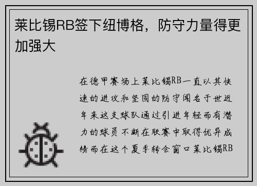 莱比锡RB签下纽博格，防守力量得更加强大