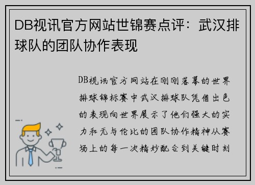 DB视讯官方网站世锦赛点评：武汉排球队的团队协作表现
