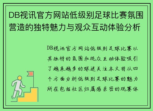 DB视讯官方网站低级别足球比赛氛围营造的独特魅力与观众互动体验分析